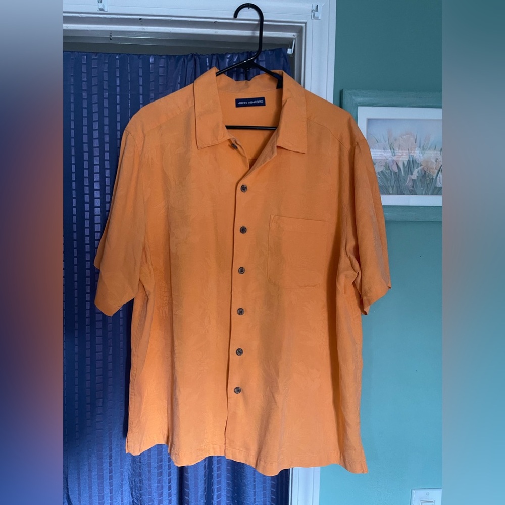 John Ashford Button Up Hawaiian Shirt Pure Silk Mens XL Orange Short Sleeve VTG